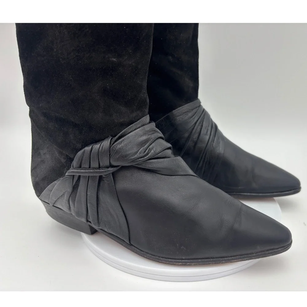 VINTAGE NICKELS Tall Riding Boot Black Leather Suede Knee High‎ Point Toe Shoe 7